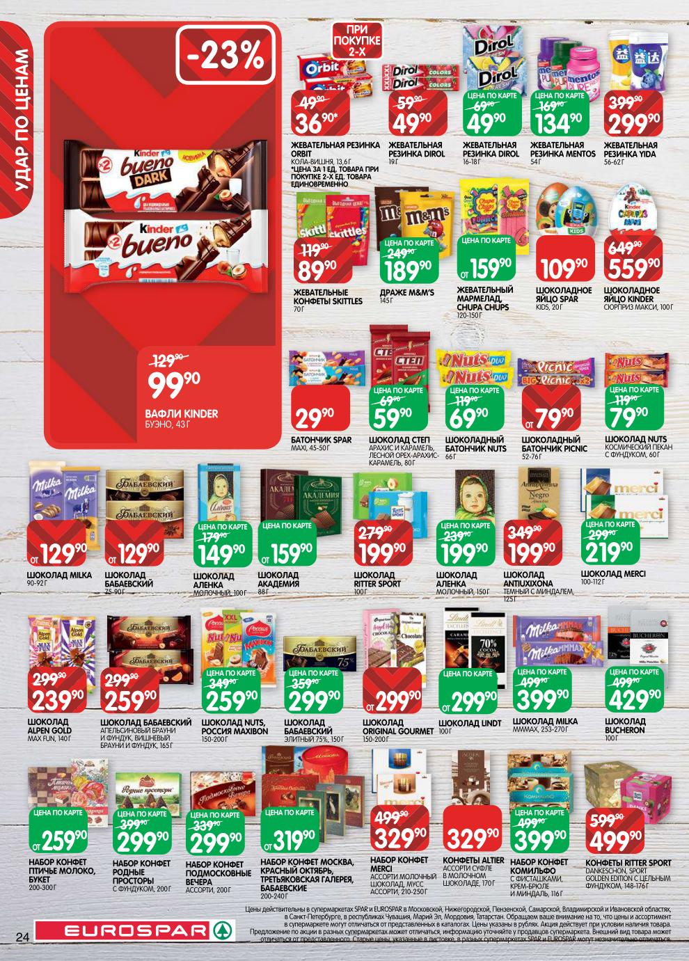 Страница 24: Кондитерка — шоколад Lindt 299 ₽, Milka 399 ₽, конфеты Merci 329 ₽, батончик Nuts 69 ₽